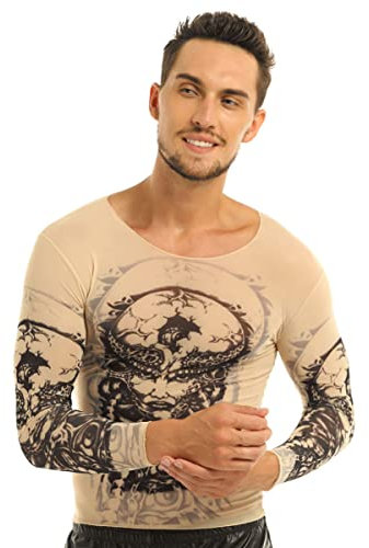 iEFiEL Men's Fake Tattoo Design Elastic Long Sleeve T-Shirt Fancy Costume CS44 One Size