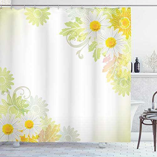 ABAKUHAUS Blume Duschvorhang, Abstrakt, mit 12 Ringe Set Stielvoll Modern, 175x200 cm, Weiß und Gelb