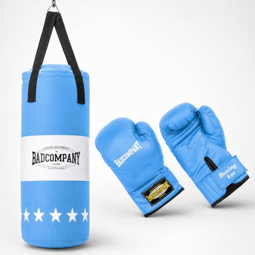 Bad Company Boxset für Kinder und Jugendliche bis 12 Jahre I Boxsack mit Aufhängung 55 x 25 cm und Boxhandschuhe Kinder 8oz I Boxsack Set Kinder hängend