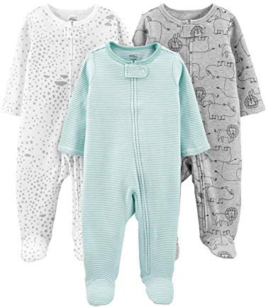 Simple Joys by Carter's Unisex Baby 3-Pack Neutral Sleep and Play Kleinkindschläfer, Grau Löwe/Grün Streifen/Weiß Sterne, 6-9 Monate (3er Pack)