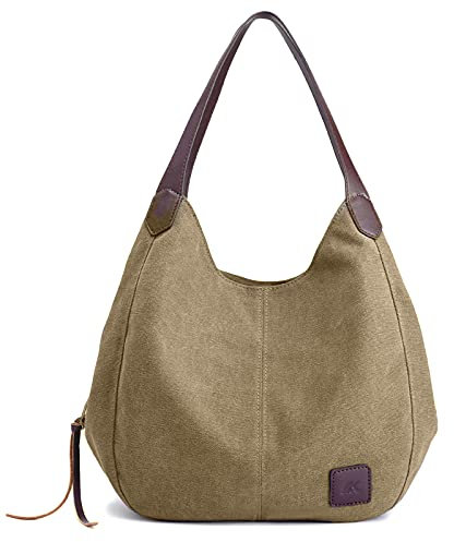 DIRRONA Mode Damen Canvas Handtasche Damen Canvas Schultertasche Canvas Tragetasche Leicht Sanft Handtasche Hohe Kapazität Reise Schultertaschen Khaki