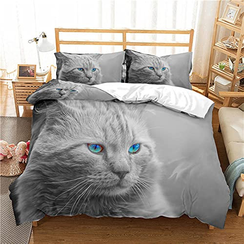 LTHCELE Baumwolle Bettwäsche Bettbezug Set 155 x 220 cm Grau süß Tier Katze 3D Theme Muster Bettbezug und Kissenbezug Easy Care Kinder Jungen Teenager Männer Bettwäsche