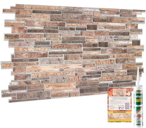 NOVECRAFTO Slim Stone Effect 3D Wall Panels - 37.79x18.89 in (96x48cm) - 4 Sheets Covering 19.84 sqft (1.84 sqm) Wall Cladding for Bedroom Office Kitchen in Copper Brown Slim Stone Brick Design