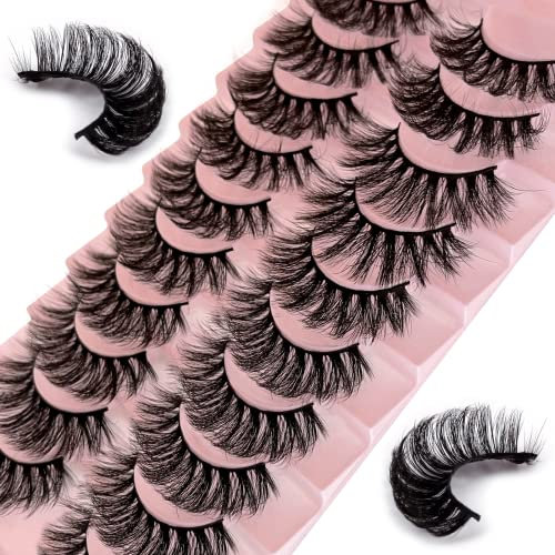 Faux Cils 10 Paires 7D Faux Vison Cils Naturel Duveteux Doux Volume Faux Cils Professionnels épais Réutilisables Dramatiques Noir Faux Cils (7D16)