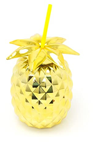 Carousel Home Metallic Gold Pineapple Drinks Cup with Straw | Tropical Party Pineapple Shaped Tumbler | Novelty Drinking Jar 750ml