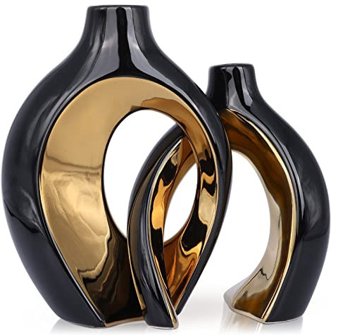 Moderne Vasen für Dekor, Schwarz und Gold Hollow Runde Donut Keramik Vasen dekorative Satz von 2 für Hochzeit Eingang Dekoration, Bücherregal, Kaminsims, Centerpiece (B+G)