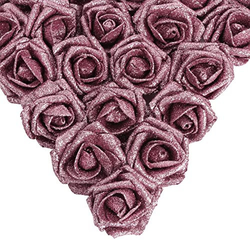 IPOPU Lot de 25 roses artificielles en mousse à paillettes avec tiges pour bouquet de mariage à composer soi-même, décoration de fête et maison, or rose