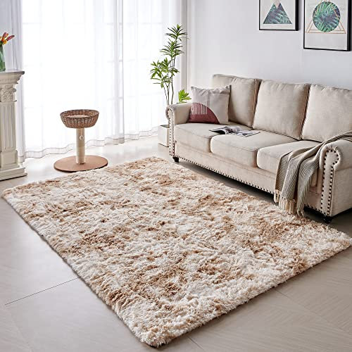 VOFUSHON Wohnzimmer Hochflor Teppich, Shaggy Flur Läufer Modern Flauschiger Weich Bunte Batik Teppich Groß für Wohnzimmer Deko/Schlafzimmer/Kinderzimmer (Khaki, 80 x 150 cm)