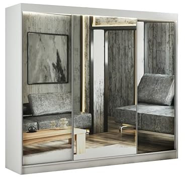 Margaret Hadas24 Kleiderschrank ELSA mit Spiegel, Organizer, Mehrzweckschrank, Schwebetürenschrank, Garderobenschrank, Kleiderstange, Kleiderständer, Flurschrank, Schrank, 3-türig, 250 cm, weiß