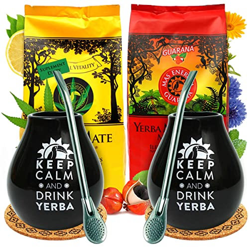 Mate Tee Set fur Zwei | Brasilien Yerba Mate-Tee Mate Green mit Guarana, Frucht und Krauter 800g | Mate Tee Tasse- Keramik mate-tee becher Schwarz | Stahl Trinkhal Bombilla