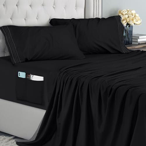 Utopia Bedding Bettlaken Set (4 Teilige, Schwarz), Polyester Mikrofaser, Oeko-Tex Zertifiziert, Spannbettlaken 180x200, Bettlaken 270x290, 2 Bestickten Kissenbezüge 50x75