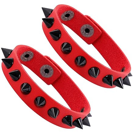 Manfnee Rosso Punk Rock Gotico 2Pz Bracciale Unghie Rivetto Polsino Pelle PU Retro vintage Accessorio per Biker Uomo Donna Regolabile