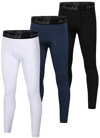 Runhit 3 Pack Boys Compression Leggings,Athletic Tights Basketball Compression Pants,Youth Boys Base Layer Pants Sports Legging Black+White+Navy Blue M