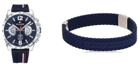 Tommy Hilfiger Montre Analogique Multifunction à Quartz pour Homme avec Bracelet en Silicone Bleu Marin - 1791476 & Jewelry Bracelet pour Homme en Silicone - 2790239S