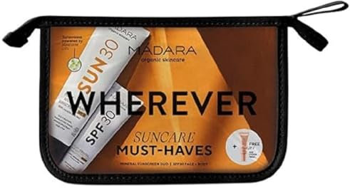 Mádara Sonnenschutz für das Gesicht, ideal für Erwachsene, Unisex MÁDARA Wherever Suncare Must-Haves Set (Face Sunscreen SPF30, 40ml + Body Sunscreen SPF30, 100ml + SOS Hydra Mask 17ml)