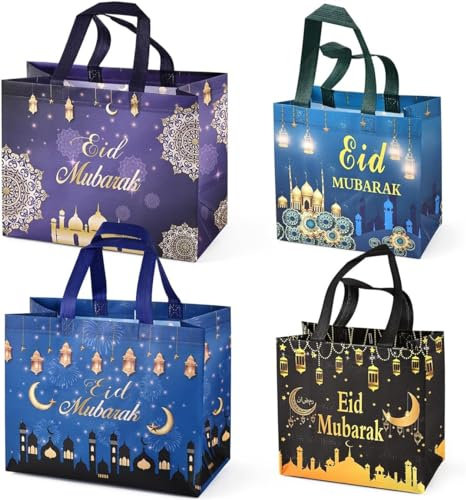 4PCS Eid Mubarak wiederverwendbare Geschenktaschen, Ramadan Mubarak Party Taschen, Multifunktionale Non-Woven Eid Taschen für Geschenkverpackung, Ramadan Kareem Party Supplies, 23×22×11cm
