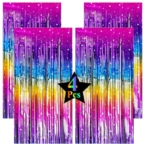 Pack of 4 Sparkly Neon Rainbow Foil Fringe Curtain Backdrop Metallic Streamers Photo Booth Props for Birthday Bachelorette Gay Pride Day Graduation Wedding 80s 90s Disco Party Decorations -3.3x6.6Ft