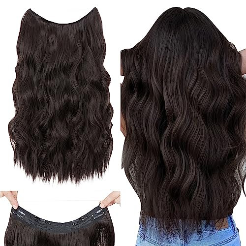 Silk-co Haarverlängerung mit Gummiband 40cm, Lange Gewellte Extensions mit Draht und Clips, Einstellbar Secrets Haarteil Synthetik Haar Extensions für Frauen Dunkelbraun