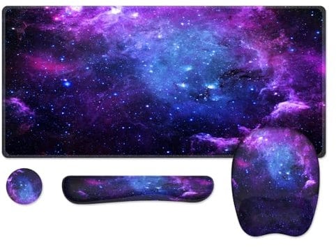 Anyshock Large Mouse Pad with Wrist Rest, Keyboard Wrist Support, Desk Mat, 4PCS Ergonomic Desk Pad Mat with Coaster Set, Computer Mousepad for Office Desktop Laptop, Galaxy Purple Space