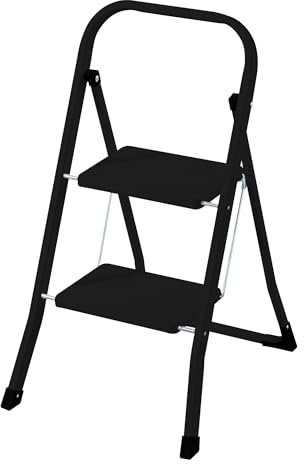 Rijoka Escabeau pliant à 2 marches - Échelle domestique pliable - Acier - Antidérapant - Charge maximale : 150 kg - Noir