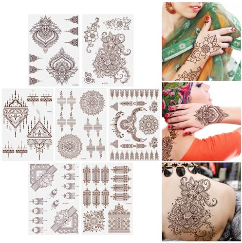 URAQT Tatuaggi Temporanei Donna Uomo, 7 Fogli Tatuaggi Tattoo Temporanei Arabe Indiane, Tatuaggio Finto Duraturo Gambe Braccio Arte Adesivi Tatuaggio Per Festa, Estate, Decorazione