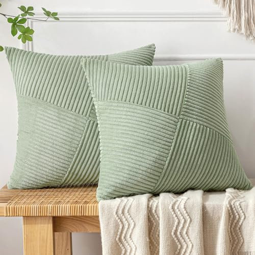 MIULEE Kissenbezug 45x45 Bohnengrün frühling Sofakissen Kordsamt 2er Set Kissenbezüge Zierkissenbezug Kissenhülle Dekokissen Streifen Muster Patchwork Design für Wohnzimmer