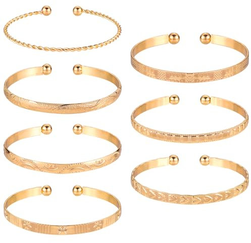 Mikovivi 7pcs Gold Cuff Bracelets for Women, Stackable Open Adjustable Bangle Set, Metal Layered Trendy Jewelry Gift for Girls
