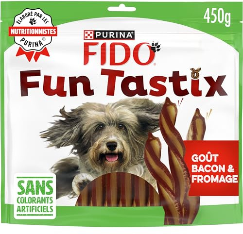 FIDO Funtastix - Friandises Chien Bacon et Fromage - Sachet de 450 g | Friandises pour Chien Saveur Bacon et Fromage - Riches en oméga 3 et 6, bâtonnets torsadés amusants - Snack Chien savoureux