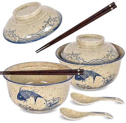 DEARBAG Juego de 2 tazones de ramen de cerámica japonesa, tazón de sopa grande de 800ml con tapa palillos y cuchara para udon, soba, hor fun, fideos, ramen, ensaladas y sopas, aptos para lavavajillas