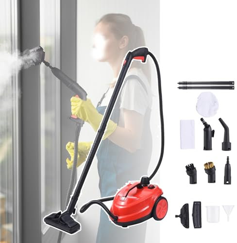 WhAeoy Multipurpose Steam Cleaner(2000W), Tank: 2L, Area Output: 108 M², 5 Bar Pressure, with Floor Cleaning Set/Nozzles, Preheating Time: 3-8 Min, with Full Set of Tools,Red