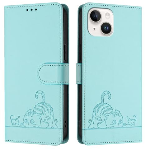 ScandiCasis iPhone 13 Mini Flip Case, Cat Pattern Leather Cover with [Card Slots] [RFID] [Wallet] [Kickstand] Shockproof Case, Mint Green