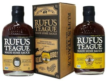 Rufus Teague BBQ Sauce Box – Set mit Honey Sweet & Whiskey Maple – Rauchig-süße Grillsaucen im Flachmann aus Glas – Geschenk für Männer, Grillpaket, BBQ Sauce im Grillsoßen Geschenkset, Vatertag BBQ