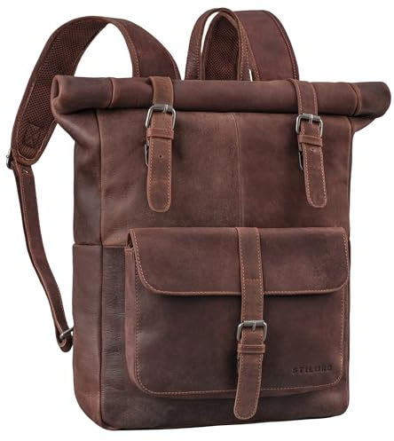 STILORD Herakles Premium Leder Rolltop Rucksack 17 Zoll Laptoprucksack Groß Vintage Backpacker Rucksack Damen Wanderrucksack Herren Fahrradrucksack Echtleder Farbe:Torres - braun