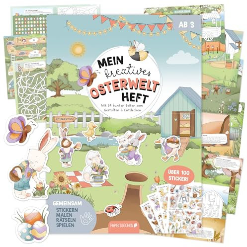 Papierdrachen Mein kreatives Osterhasenwelt Heft - 4-in-1 Stickerheft - 24 Seiten - Malen - Spiele - Rätsel - über 100 Sticker - für Ostern - Set 01