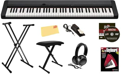 Casio Casiotone CT-S1 Portable Keyboard with 76 Keys, Black, Set with Adjustable Stand, Bench, Sustain Pedal, Headphones, Piano Book, Instruction DVD and Austin Bazaar Polishing Cloth