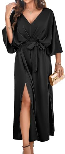 ZIYYOOHY Damen Cocktailkleid Elegant Satin Party Lang Kleider Lose 3/4 Fledermausärmel V-Ausschnitt Hochzeit Abendkleider mit Gürtel(6018 BK L)