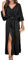 ZIYYOOHY Damen Cocktailkleid Elegant Satin Party Lang Kleider Lose 3/4 Fledermausärmel V-Ausschnitt Hochzeit Abendkleider mit Gürtel(6018 BK L)