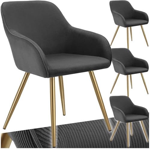 tectake® 4X Esszimmerstuhl, Sessel bequem mit Armlehne, Polsterstuhl, Cord Cocktailsessel, Loungesessel für Wohnzimmer, Esszimmer, Moderne Küchenstühle, Bürostuhl - anthrazit/Gold