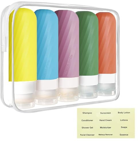 Laxen 5 Pack Travel Bottles for Toiletries with Labels, 100ML Silicone Travel Bottles Set with Clear Zipper Toiletry Bag, Leakproof Refillable Squeeze Travel Size Containers for Shampoo Conditioner