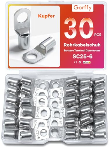 Gorffy Rohrkabelschuhe Set 30 Stück, SC25-6 Kabelschuhe Set, Verzinntes Kupfer Ringkabelschuhe Set, SC Rohrkabelschuh Set, Kabelschuhe 25mm², Rohrkabelschuhe M6 für Kfz Batteriekabel