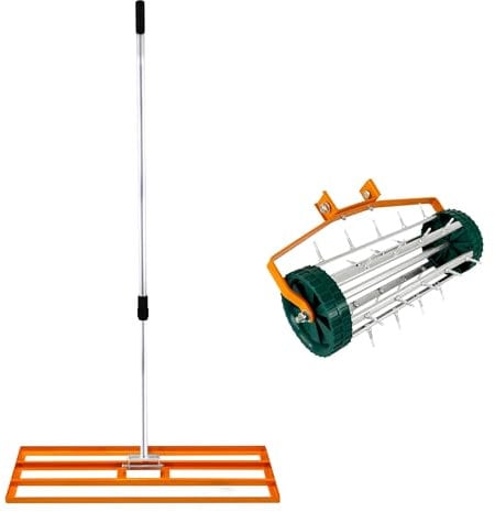 Lawn Leveller & Aerator Manual Grass Roller 3.8cm Spikes 100cm x 32cm Orange Levelling Rake Lute Removable Dual Purpose Extendable Handle 1.15 - 1.9m Easy Grip Heavy Duty Steel Aluminium Garden Tool