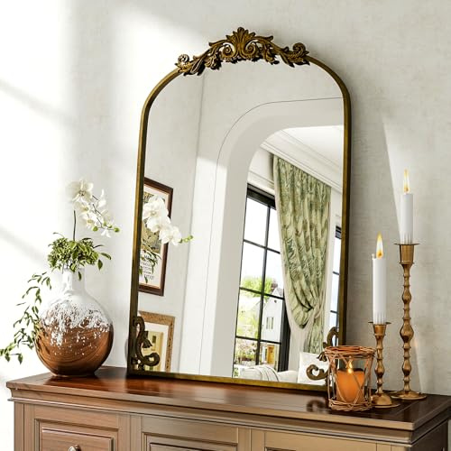 BEAUTYPEAK Espejo arqueado de 26 x 38 pulgadas, espejo de pared barroco tradicional dorado para baño, dormitorio, pasillo o decoración de chimenea