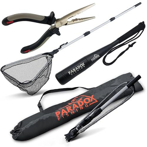 Paradox Fishing gummierter Kescher 2,1m mit Tasche, Zange 17cm und Fischtöter I Teleskop Kescher Angeln gummiert Angel-Kescher I Unterfangkescher gummiert Kescher gummiert - Kescher Angeln
