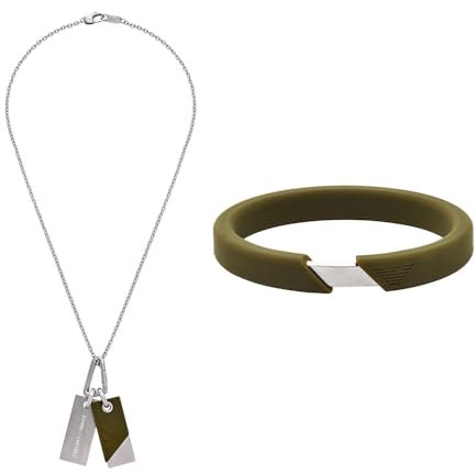 Emporio Armani Herren Silberfarbener Edelstahl Halskette und Armband Silikon, Set
