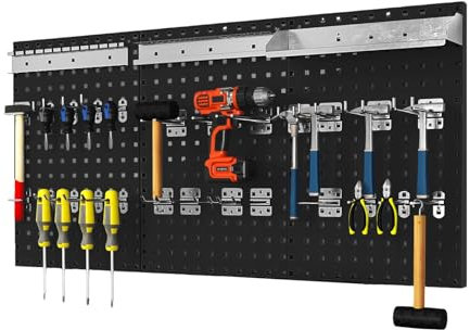 SOARS Pannello Porta Attrezzi da Parete 120 X 60 CM, 3 Pannelli Perforati in Metallo con kit di 28 Ganci, Stabile e Resistente, per Garage, Officina, Officina di Riparazione (Nero, 120 X 60 X 2 CM)