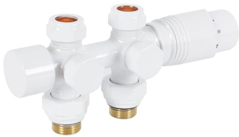 ACOLY Multiblock mit Thermostat für Heizkörper, 50 mm Nabenabstand, Heizkörperventil Messing Chrom mit Thermostatkopfventil (Weiß)