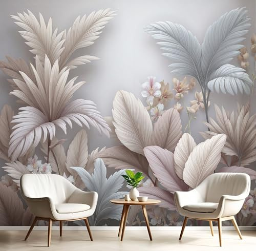 DACRWEKZ Papier peint 250 x 175 cm Plantes à l'aquarelle Feuilles et fleurs | Décoration Murale Salon Chambre á Coucherr | Taupe