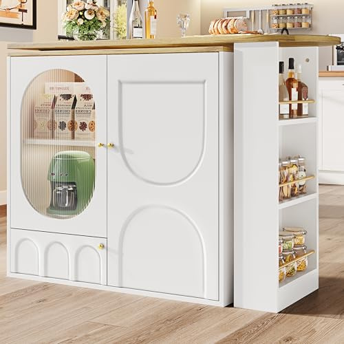 Kelodan 360° drehbarer 138x39x102cm Bartisch, Stehtisch, Korpus, Kaffeebarmöbel, drehbare Esstheke mit Stauraum, Kücheninsel, DREI Türen mit Türregalen, herausnehmbare Trennwände, weiß/schwarz