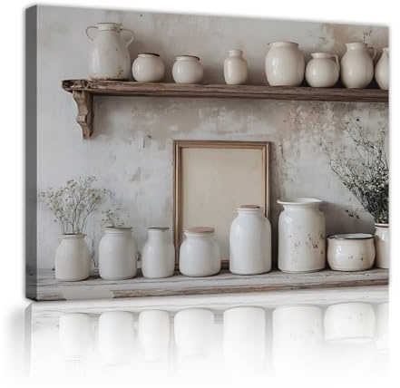 SHENGPOSTER Neutral Vintage Canvas Wall Art Distressed White Terracotta Pot Painting Pictures Still Life Stretched Artwork for Bedroom Hallway 38x50cm Innerframe