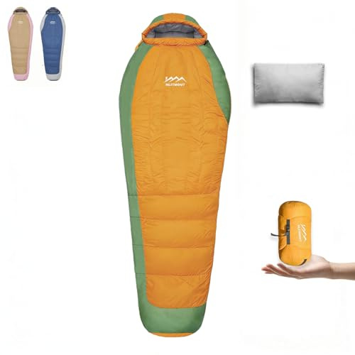 HLITMOUT Ultraleicht Daunenschlafsack,nur 980g Leichter Kleiner Schlafsack Daunenfüllung 400g/800g für Damen,Kind,Jungen und Mädchen Wandern,Trekking,Camping Outdoor (Orange, 400g Daunenfüllung)